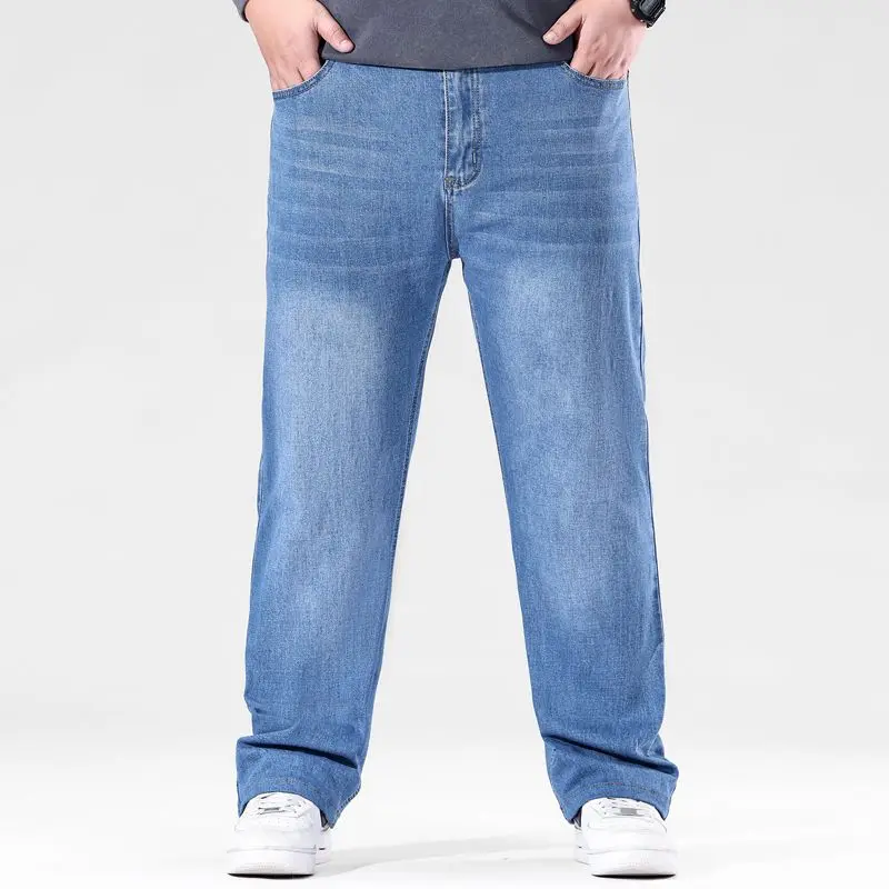 

300 pounds can be worn in light blue autumn and winter thick high waisted slightly elastic jeans for men, loose oversized jeans