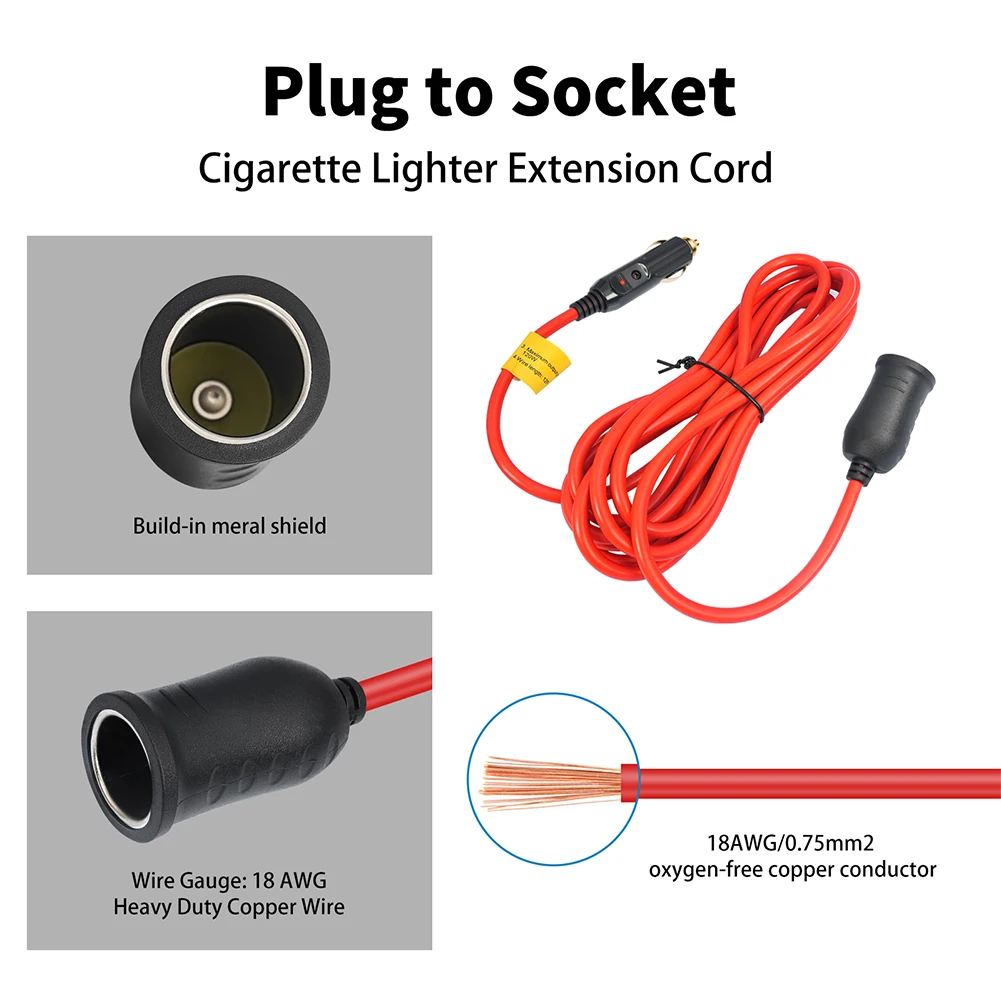 สายต่อพ่วงที่จุดบุหรี่ในรถยนต์ 12V 24V หัวปลั๊กตัวผู้เป็นเต้ารับตัวเมีย สายยาว 12 ฟุต สำหรับเครื่องสูบลมยาง