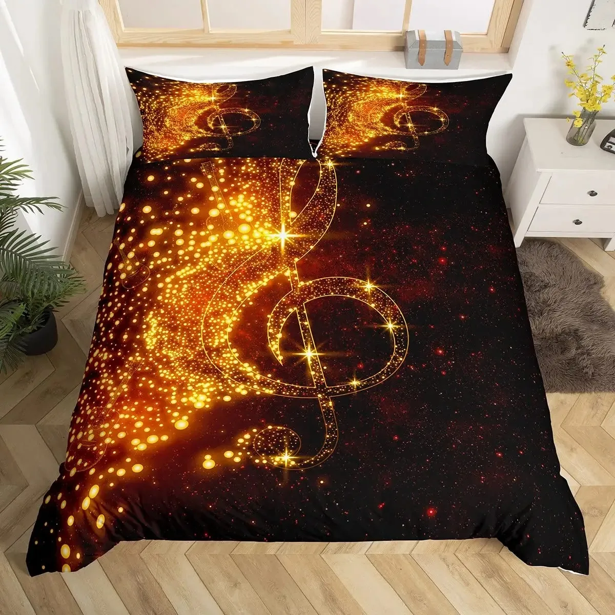 

Music Notes Duvet Cover King Queen Glittering Guitar Musical Instrument Bedding Set Starry Comforter Cover Galaxy Quilt Cover