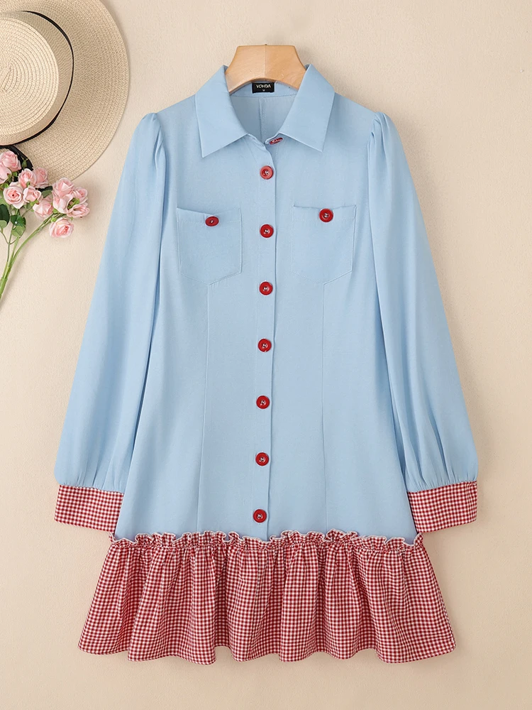 VONDA Elegant Plaid Dress Women Patchwork Ruffled Mini Sundress 2025 Autumn Long Sleeve Buttons Casual Buttons Party Vestidos