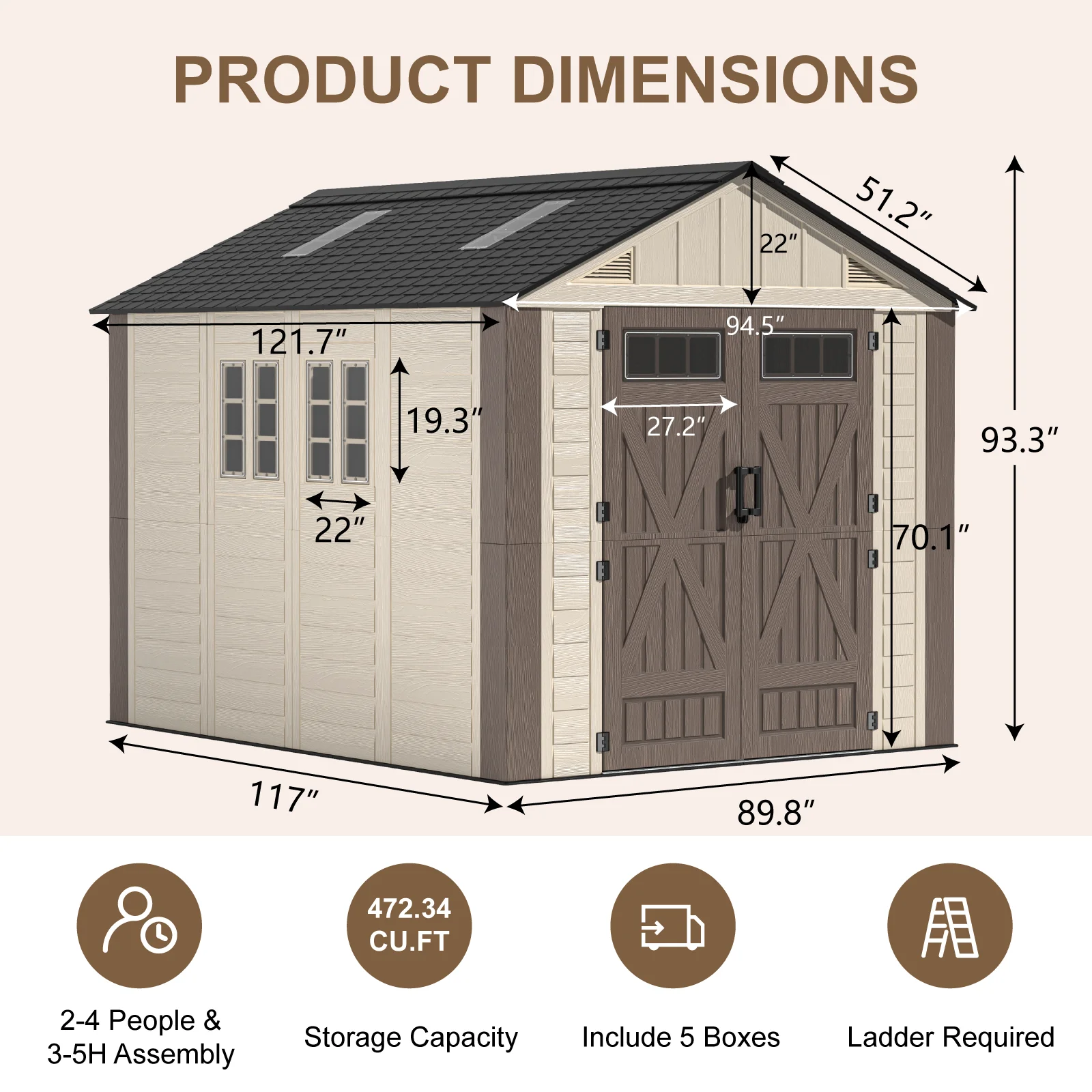 8x10 Ft Outdoor Storage Shed, Large Resin Outdoor Shed with Floor Included, 3 Windows & Lockable Door, Garden Plastic,for Bikes & Tools, Khaki