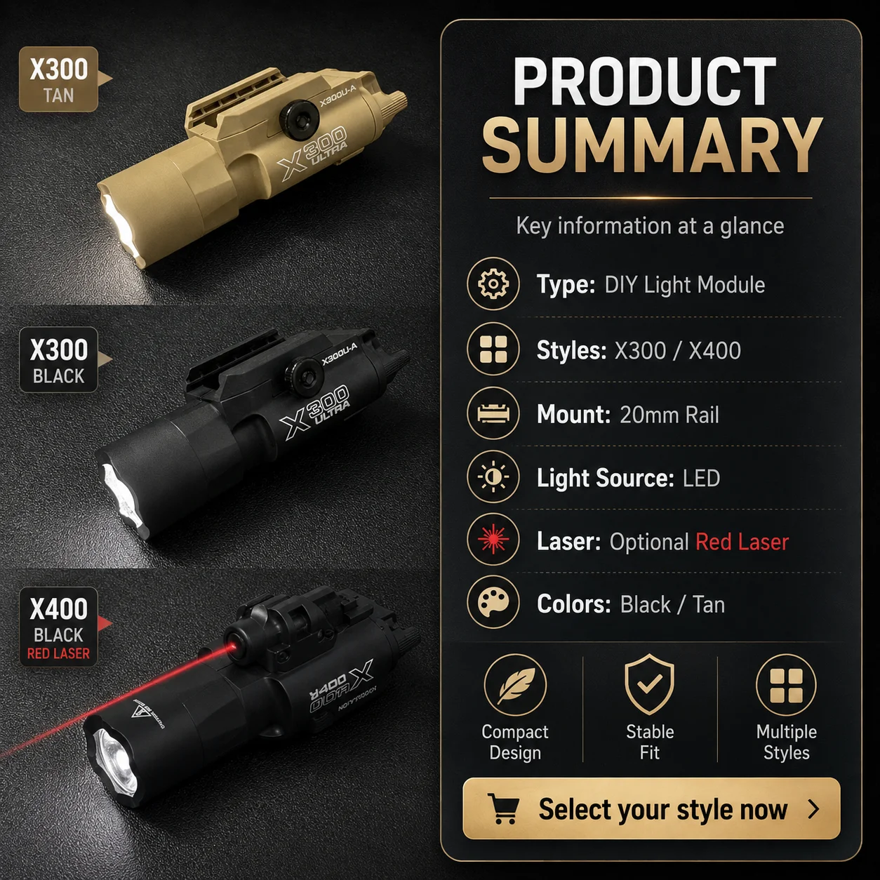 DIY Modification LED Lamp Component X300 X400 Style with Laser Effect 20MM Rail Fixed Support