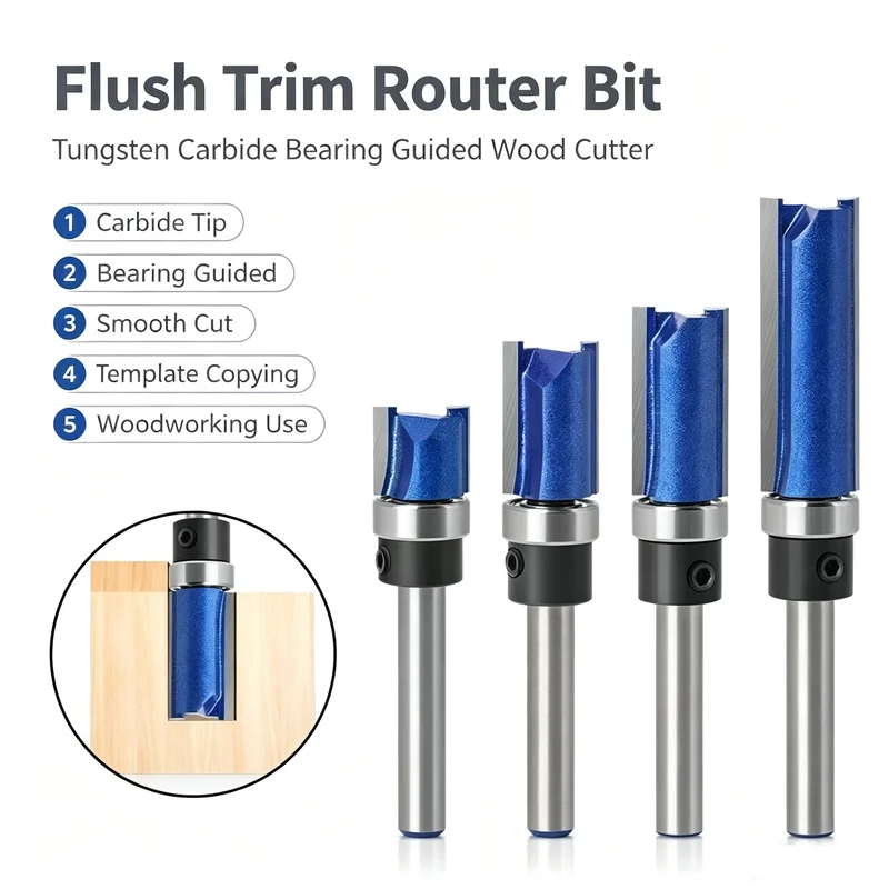 

1/4" Shank Flush Trim Router Bit, Tungsten Carbide Straight Cutter with Bearing, Woodworking Trimming Bit for Router & Engraving