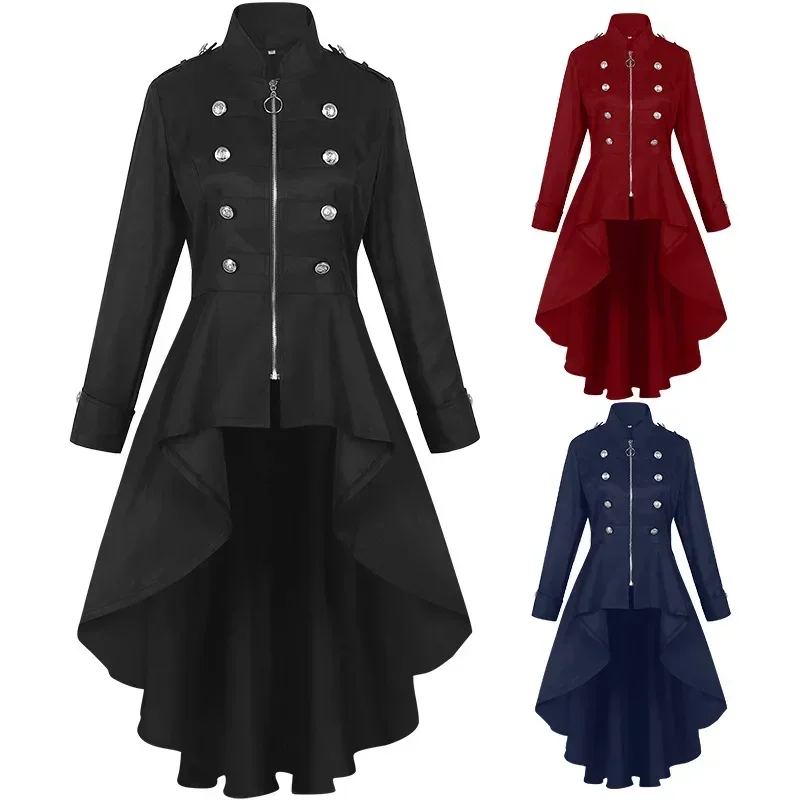 Women Vintage Trench Tailcoat Irregular Hem Retro Casual Double-breasted Zipper Lady Party Gothic Jacket New Halloween Tuxedo