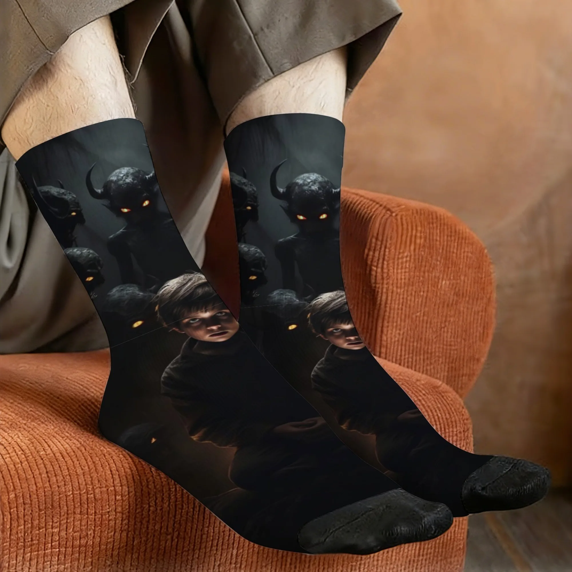 

Gothic, edgy, dark, and spooky little boy print men's socks, comfortable, breathable, non-slip, casual socks, party gift.