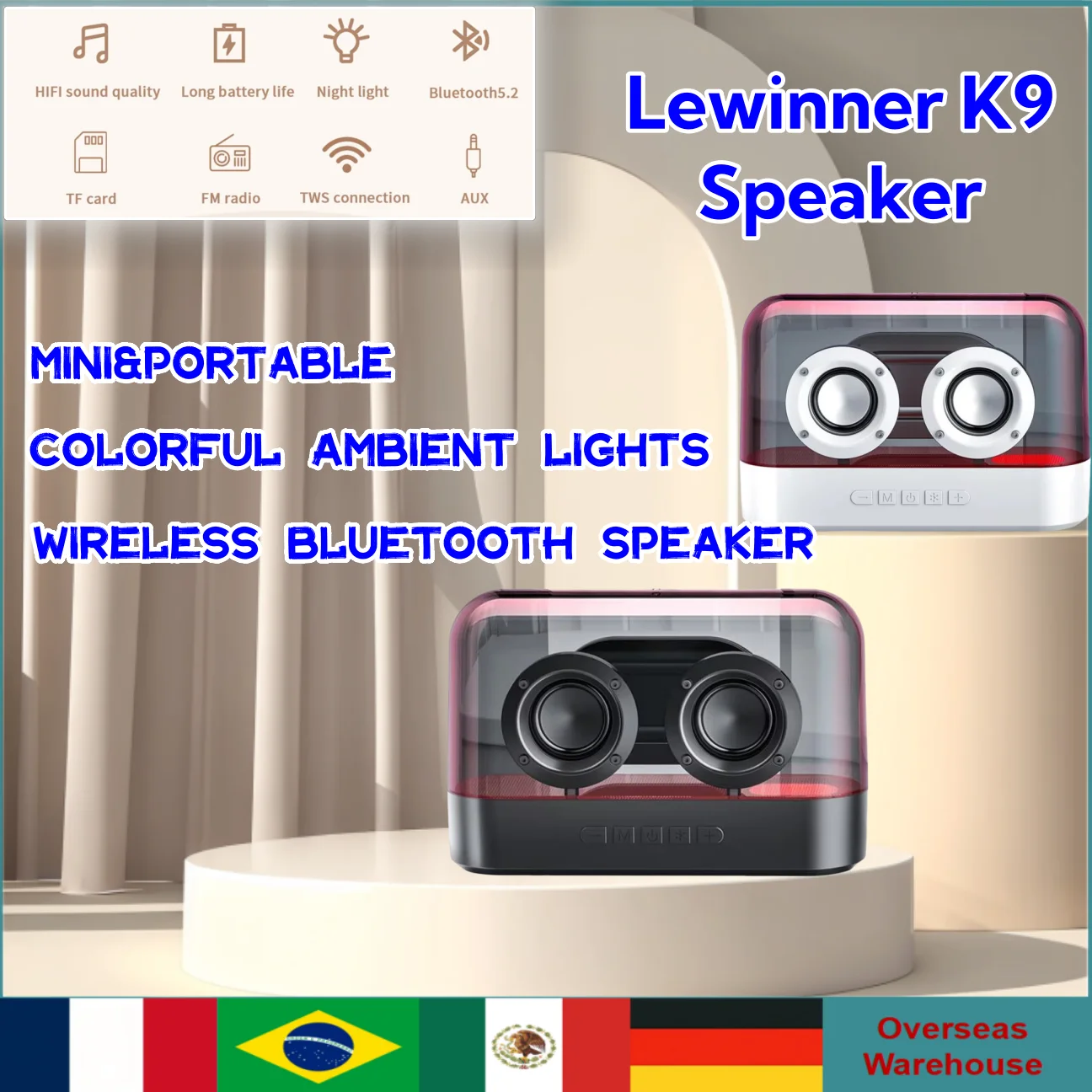 Lewinner K9 Wireless Bluetooth Speakers Transparent Portable Sounds Box High Quality AUX FM Radio Support Record TF Card Play