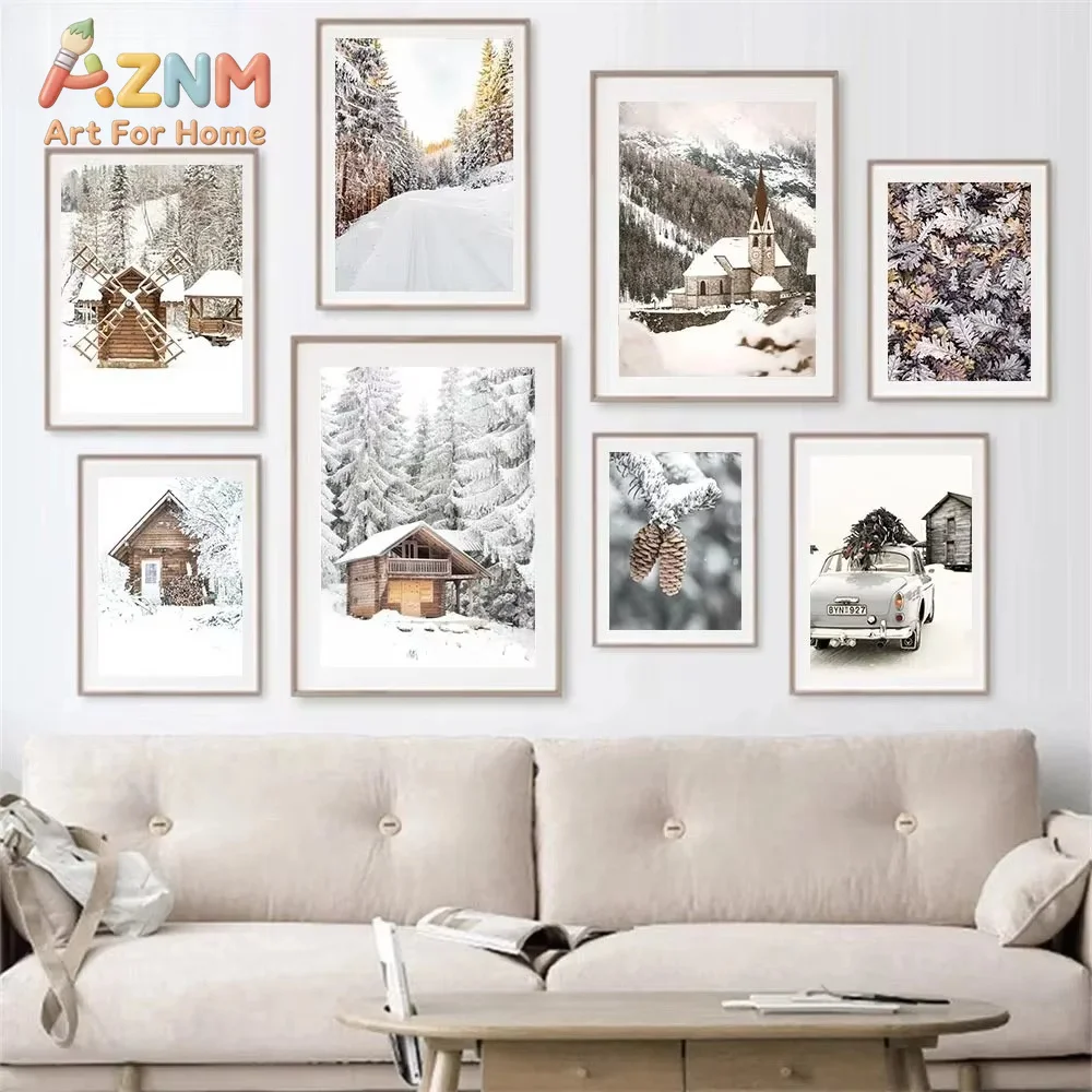 1PC Sunrise Forest Mountain Lake Posters Cabin Wood Pine Cone Wall Art Canvas Painting Nordic Prints Winter Snow Home Decor