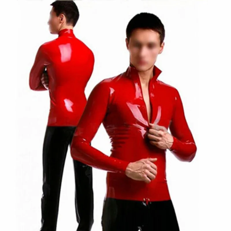 100% Handmade Latex Men's Top Red T-Shirt Gummi Rubber Shirt with Front Zip Basic Fashion Custom Made