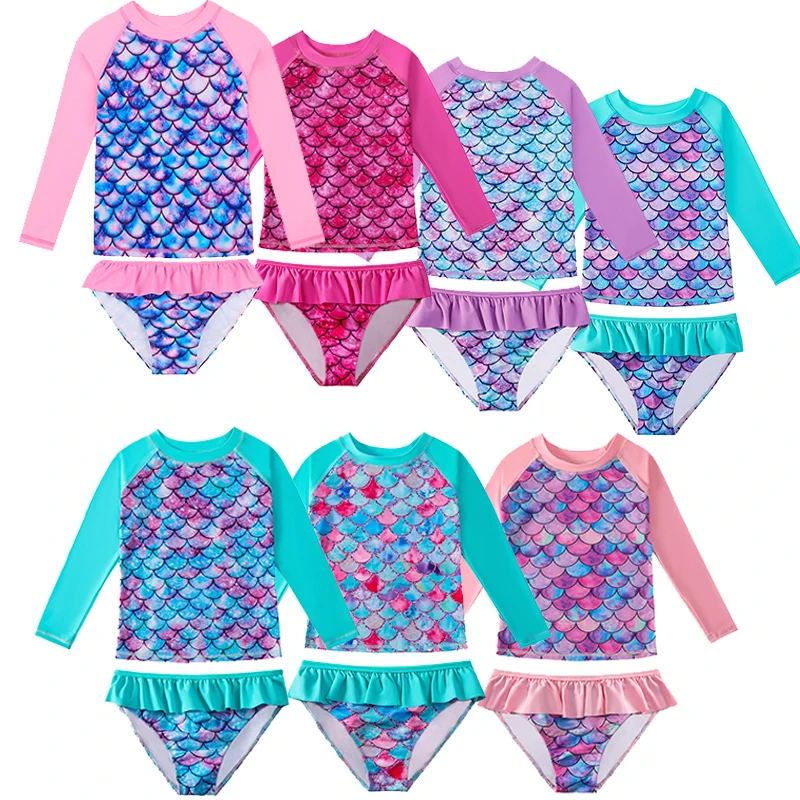 Kids Girls Swimwear Beachwear Long Sleeves Two-piece Mermaid Fish Scale Printed Leotard Swimsuit Children Swimming Bathing Suit