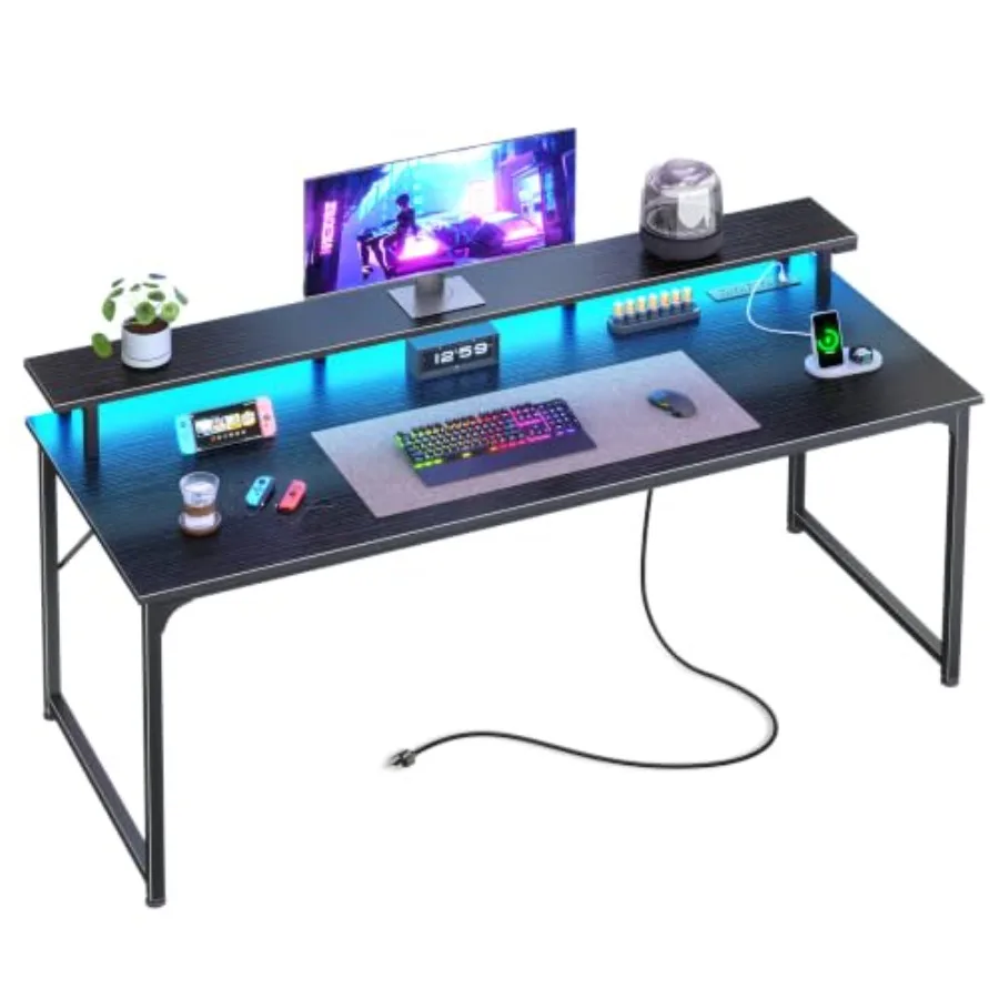 Gaming Desk with LED Lighting and Built-in Power Outlets, Black Steel Frame, Sleek Modern Design for Enhanced Setup Efficiency