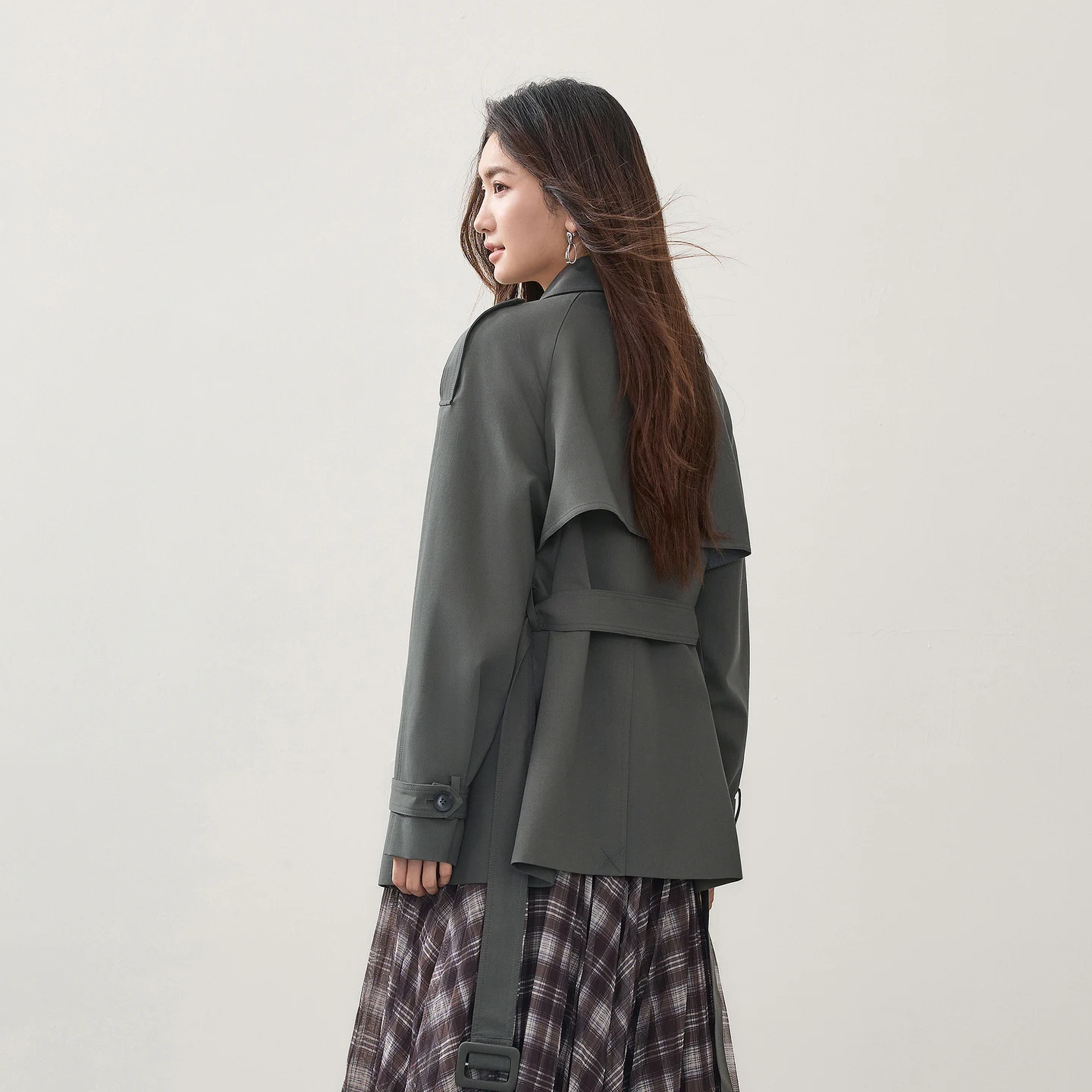 SENTUBILA Women Trench Coat 2026 Autumn Wool-blend Gray British Style Lapel Collar Loose Slim Daily Office Outerwear 163FB7776