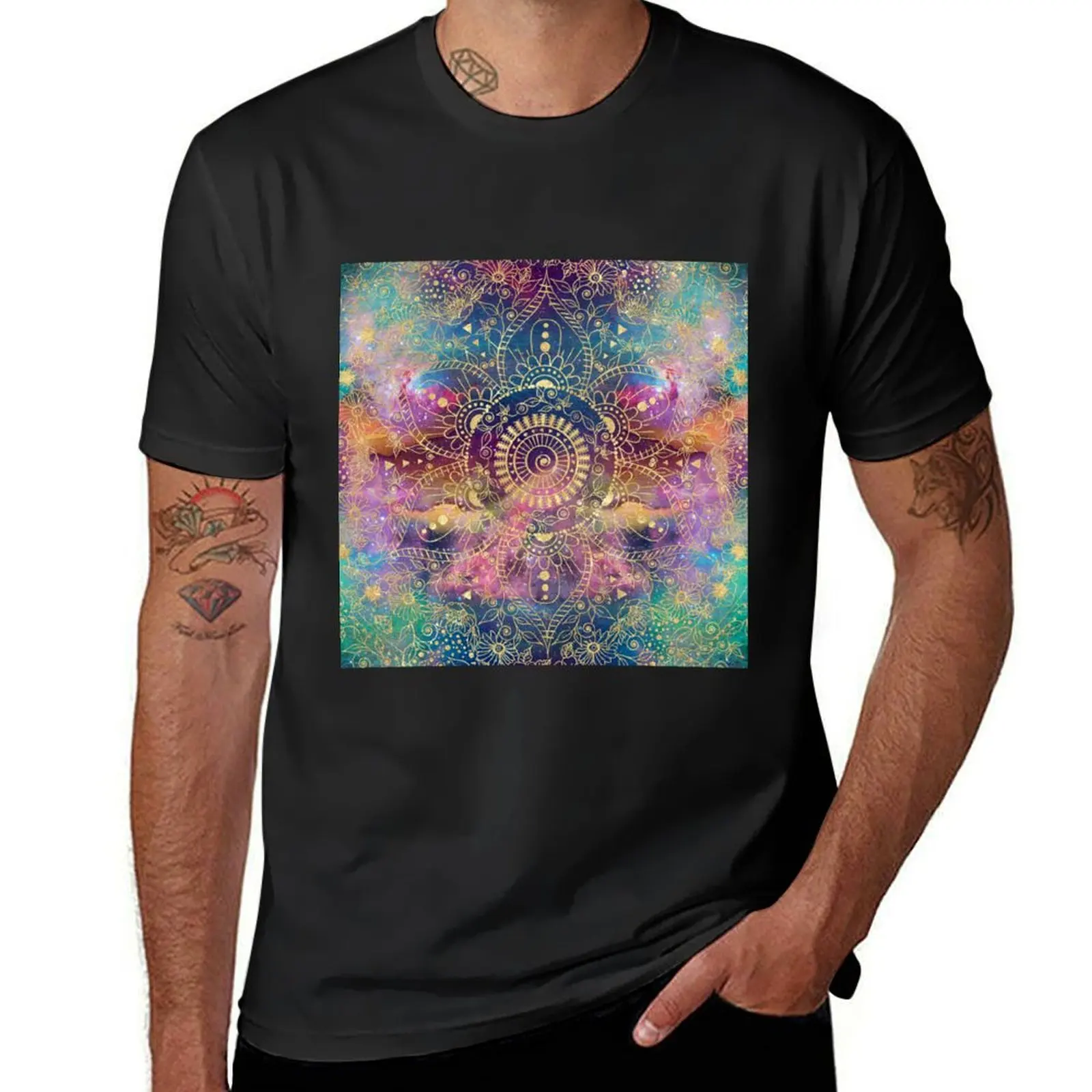 Gold Mandala Watercolor Colorful Nebula T-Shirt boys animal print sports fans t shirts for men graphic