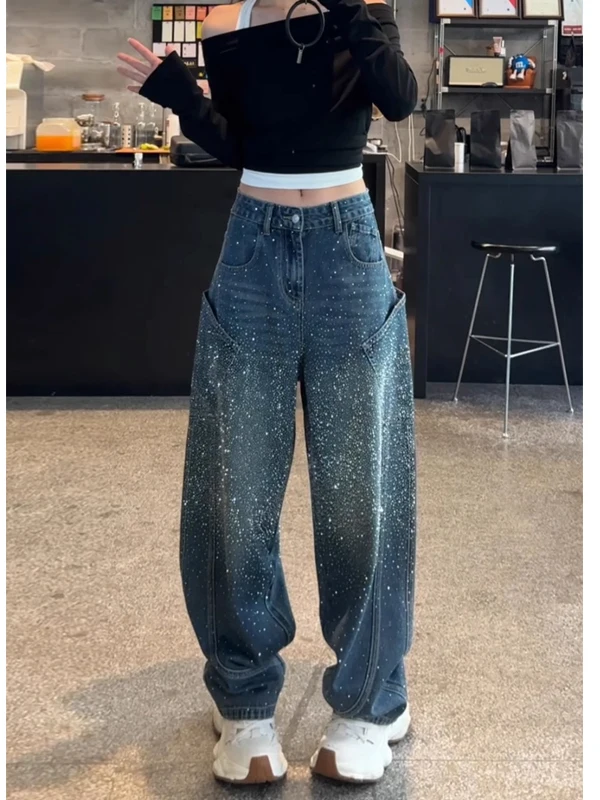

Spring New plus Size Women's High Waist Straight Leg Denim Jeans iny Rhinestone Embellied Heavy Du Wide Leg Pants