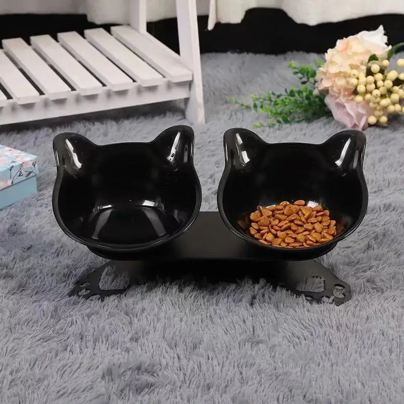 Black White Cat High Foot Neck Protector Double Bowl Paw Base Food Bowl Kitten Puppy Indoor Pet Feeding Water Food Accessories