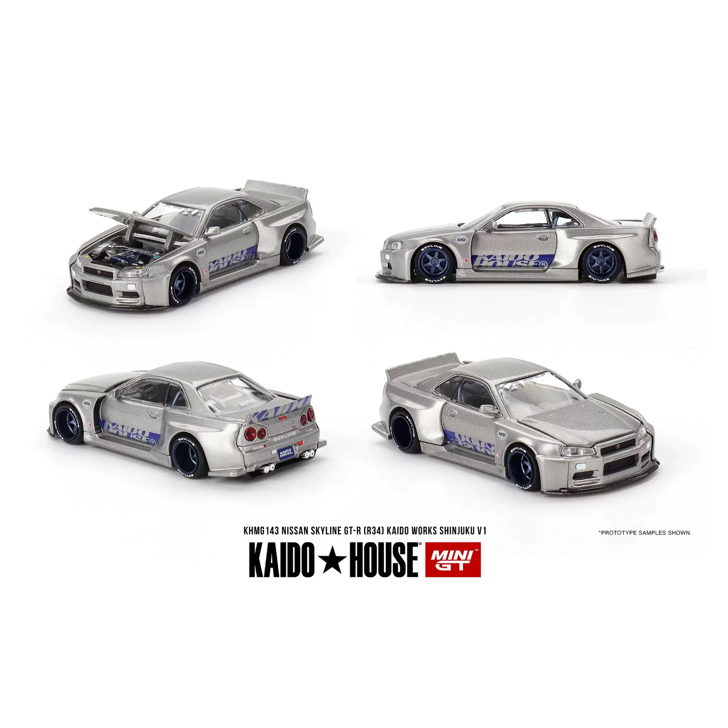 Kaido+MINIGT 1:64 Skyline GT-R (R34) نموذج سبيكة وردي/فضي