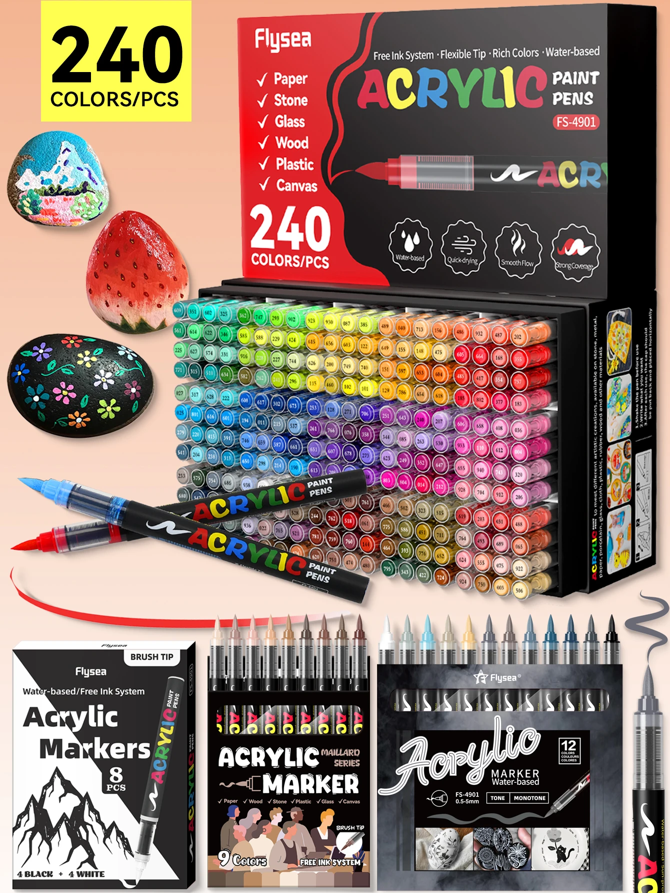 direct-liquid-soft-tip-acrylic-marker-set-with-9-240-colors-non-bleeding-watercolor-pens-for-art-students-diy-colored-pens-suitable-for-rock-painting-calligraphy-scrapbooking-handwriting-card-making-black-cardstock-stone-painting-wood-plastic-canvas-suitable-for-students-and-office-professionals