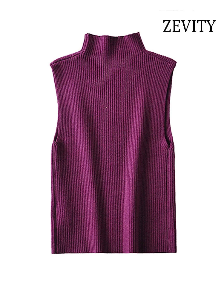 ZEVITY Women Fashion Fitted Basic Ribbed Knit Tank Tops Vintage High Neck Sleeveless Female Camis Chic Vest Top Mujer LS5257