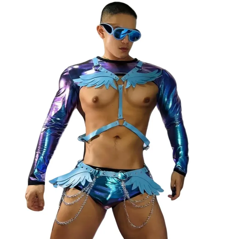 Club Party Gogo Rave Outfit Nightclub Bar Men DJ Dancer Pole Dance Costume Angel Wings Set Festival Stage Performance Clothes