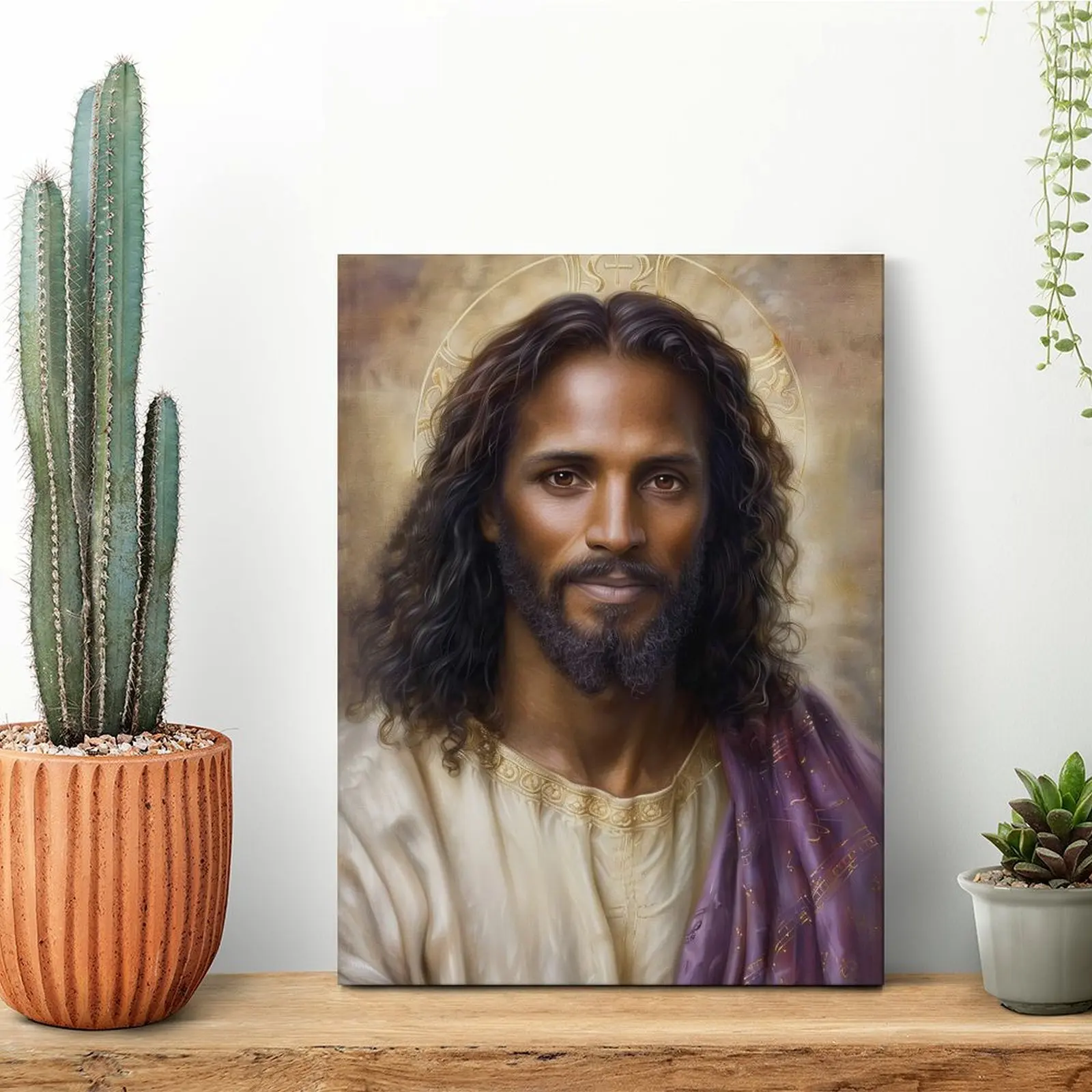 アフリカ系アメリカ人のイエス・キリストの肖像画キャンバス絵画、面白いカスタムバーパーティーカスタム額装壁掛け絵画