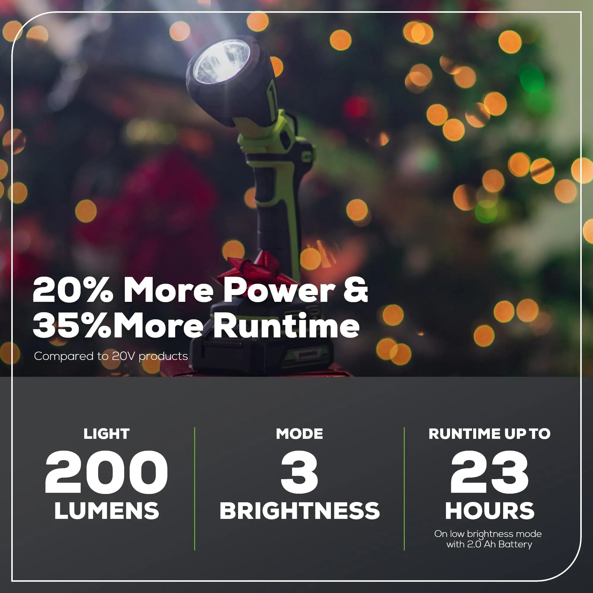 Greenworks 24V LED Flashlight 200 Lumens Handheld Work Light 90° Pivoting Head 3 Lighting Modes Cushioned Grip Tool Only