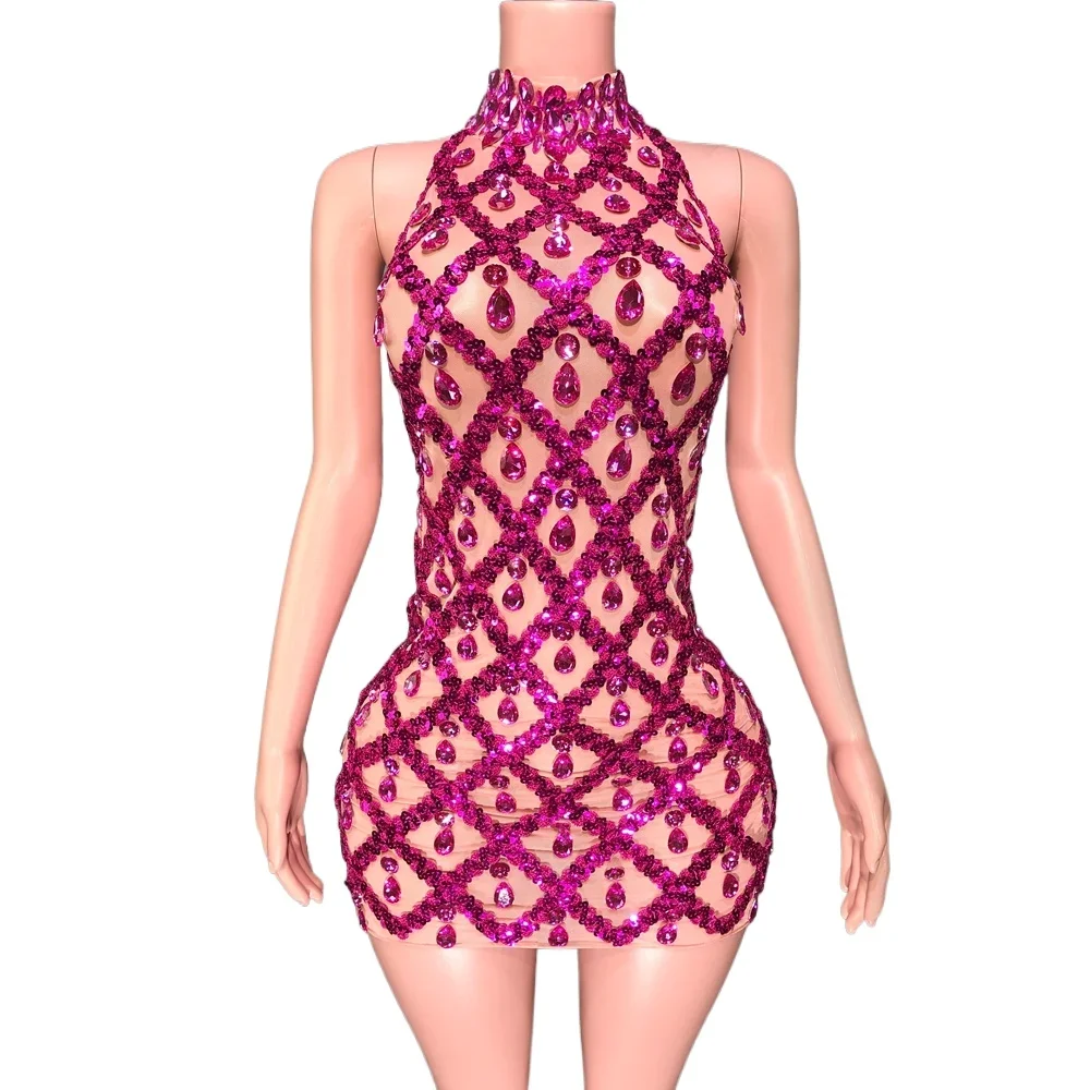 

Sexy Mesh Transparent Evening Celebrate Birthday Dress Sparkly Rose Pink Sequins Rhinestones Bodycon Short Dress Stage Wear