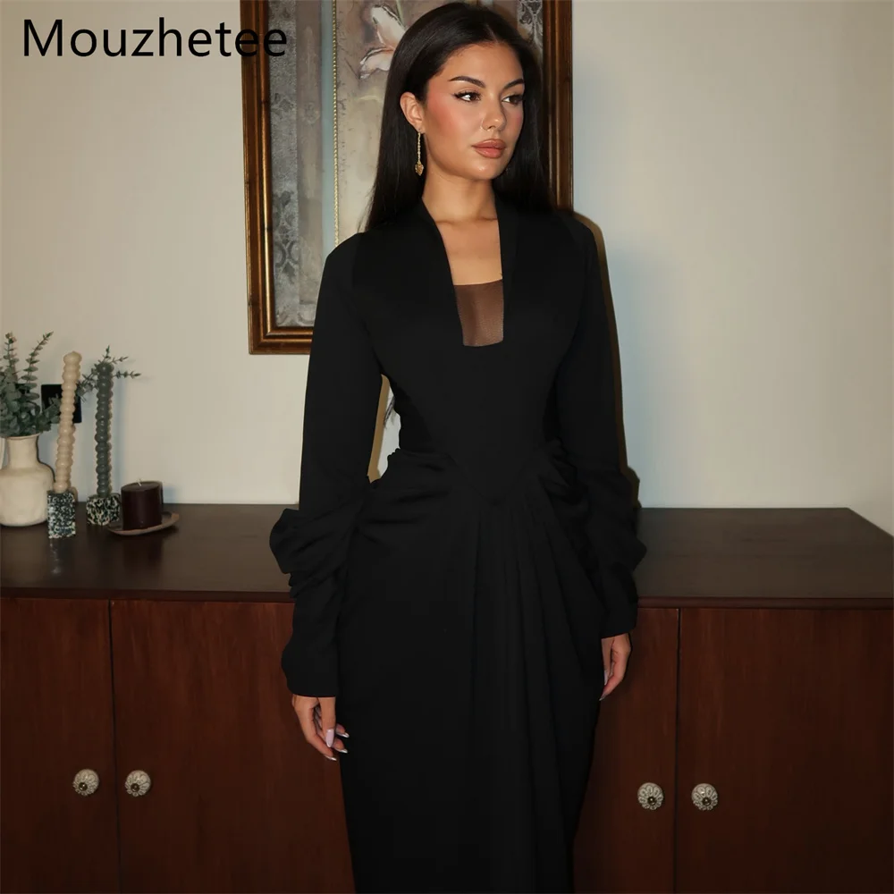 

Mouzhetee A-Line V-Neck Black Prom Dresses Formal Gowns for Women Simple Satin Long Sleeve Evening Dress Customized 2025