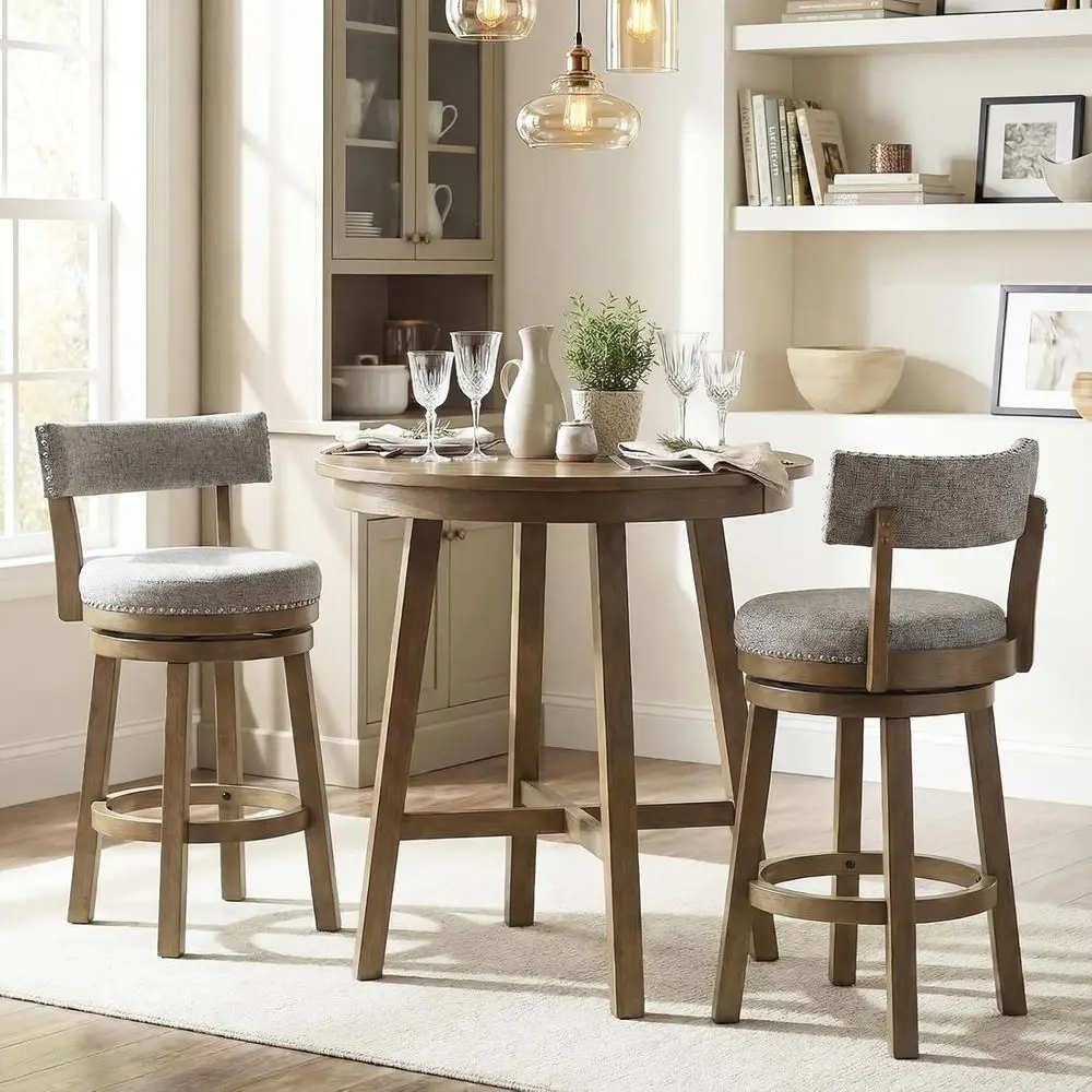 Bar Stool Set o 2, 27-inch 360° Swivel Barstool with Upholstered Back & Seat, Solid Rubber Wood Legs & ootrest, armhouse Counter
