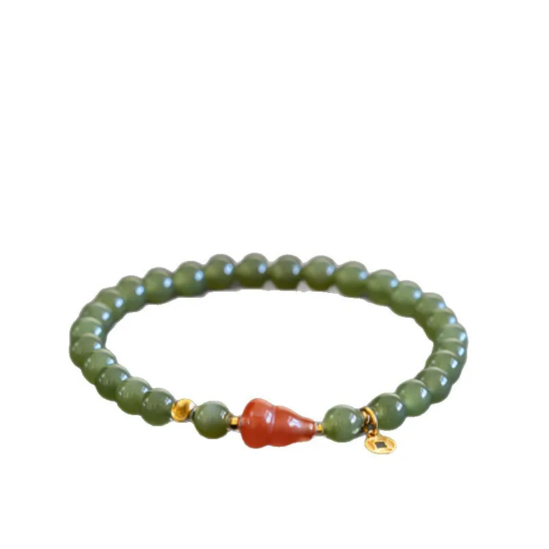 Natural Hetian Jade Beaded Bracelet For Women South Red Agate Gourd Charm Lucky Fortune Blessing Chinese Style Minimalist Feng