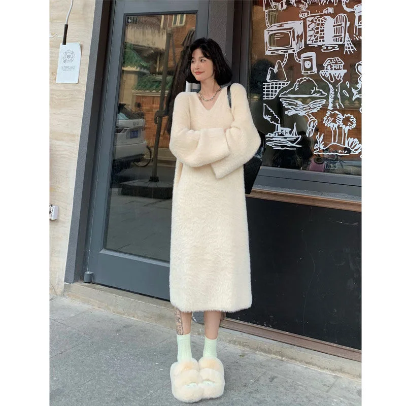 Mink fluffy dress for women autumn and winter temperament royal solid long sleeve long bottom knit pullover dress female tops