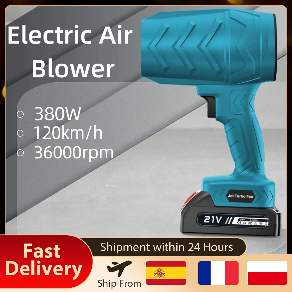 Souffleurs électriques turbo 380W, 120 km/h, 36000 tr/min, ventilateur puissant sans fil, souffleur à jet, outil de soufflage d'air pour neige, feuilles, poussière, compatible avec batterie 21V