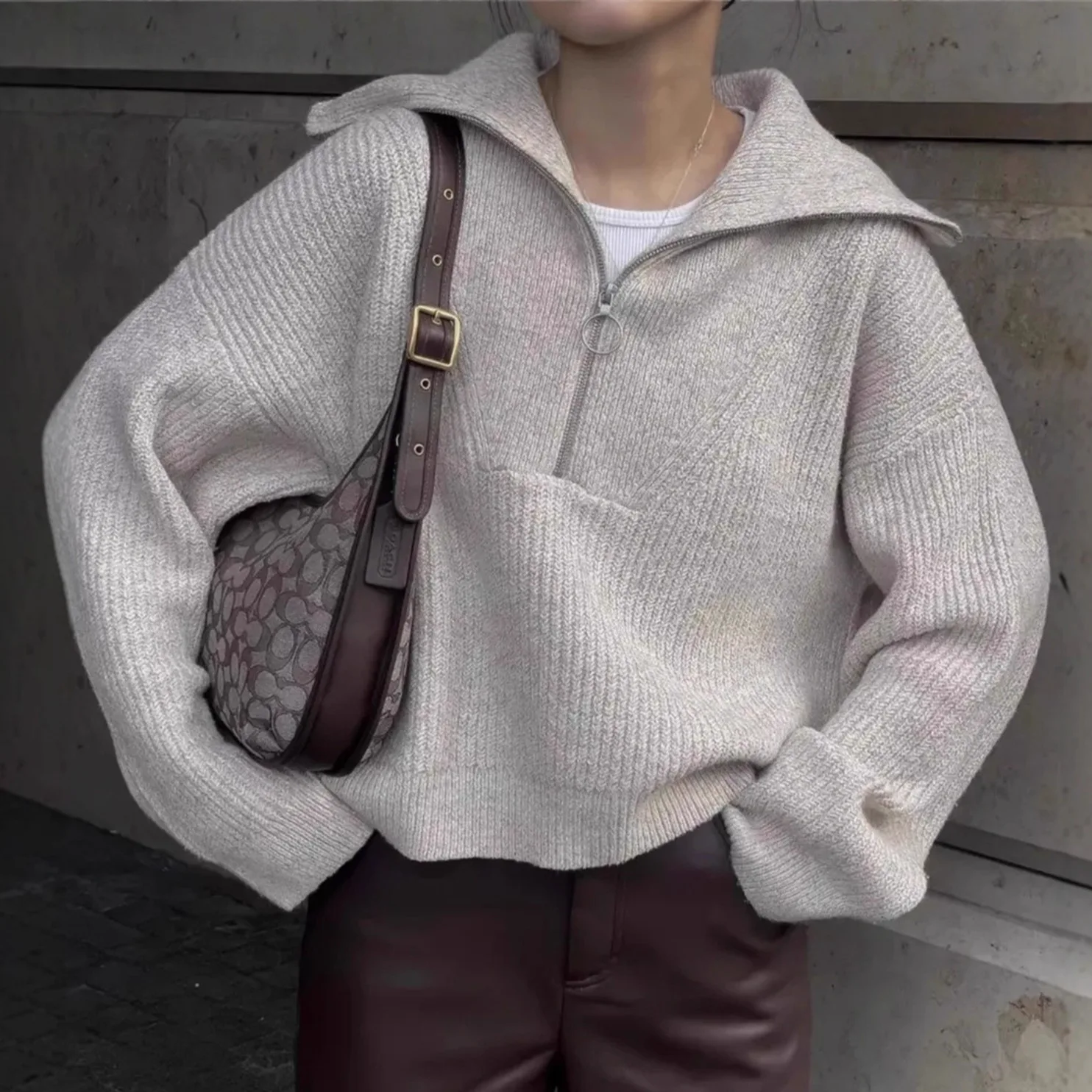 Color Blo Zipper Pullover Casual Women's Sweater Long Sve Polyester Fiber 70% Other Materials 30%  Color Knitwear