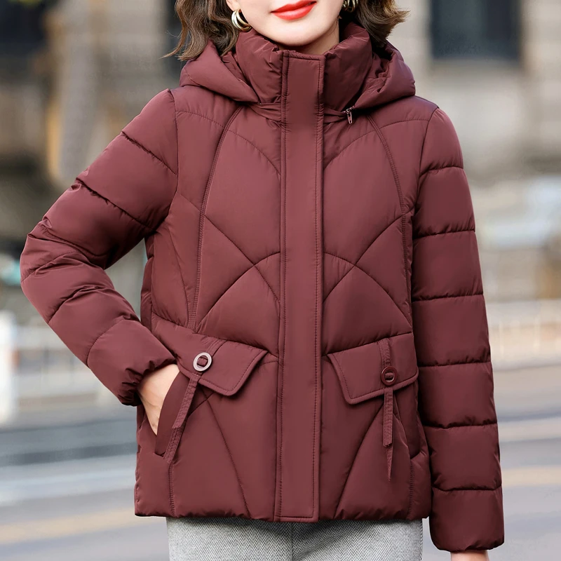 Winter Short Parkas Female Long Sleeve Outerwears Hooded 2024 Elegant Loose Thick Warm Lady Jackets