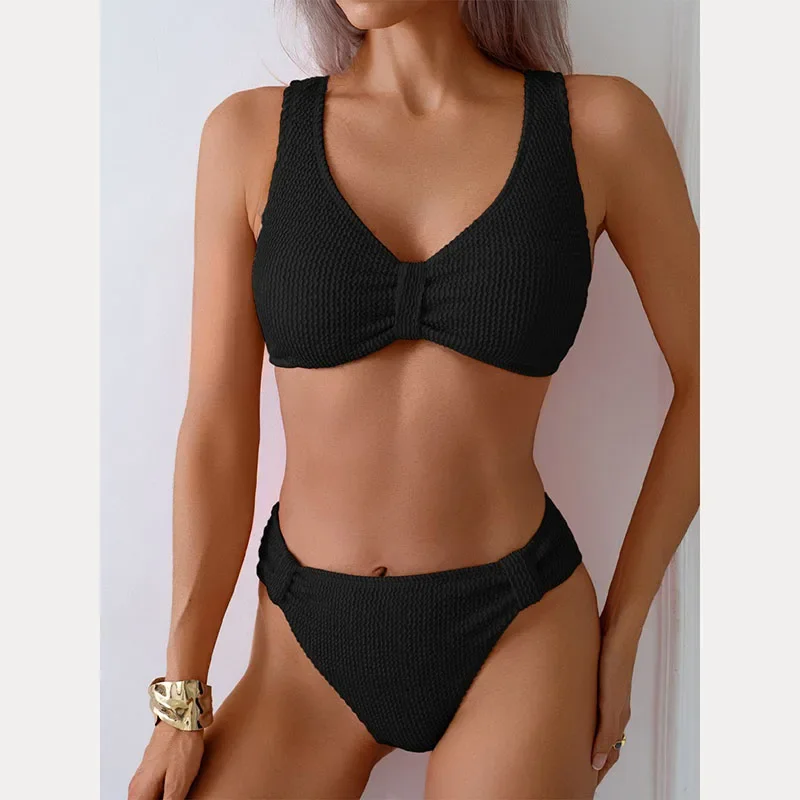 

New Sexy Solid Color V-Neck Split Bikini Women Swimsuit Triangular Beach Swimwear Bathing Suit Two Pieces Biquini Set