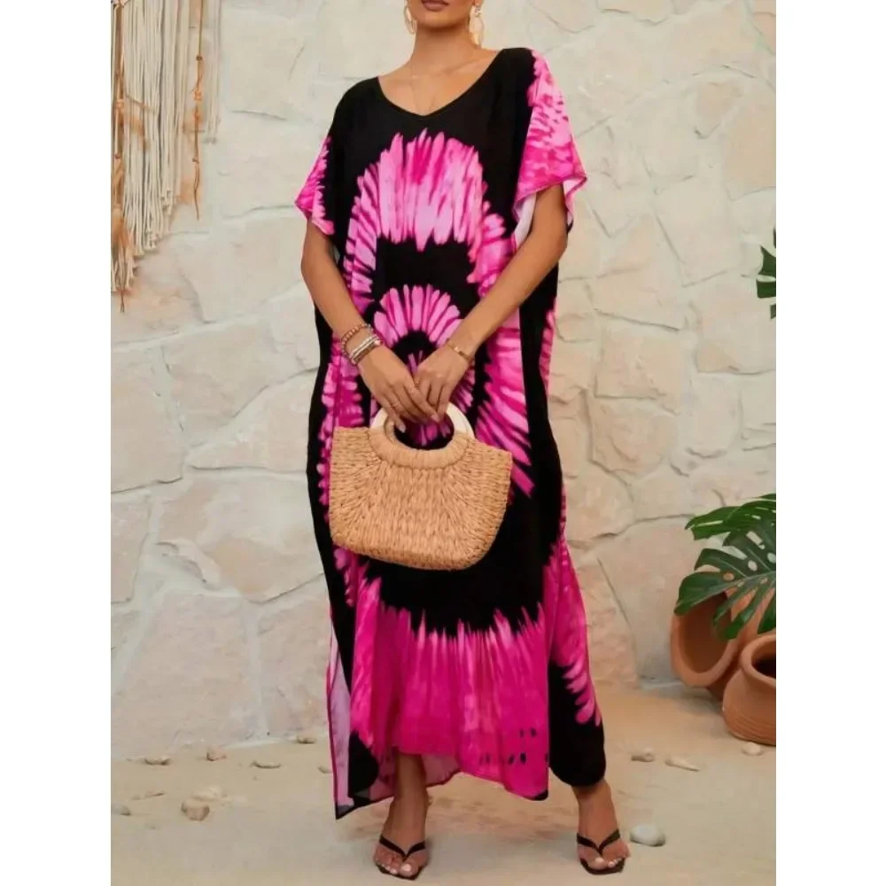 Plus size novo feminino boho tie-dye com decote em v praia cover-up vestido longo em torno do pescoço vestido plissado de manga curta