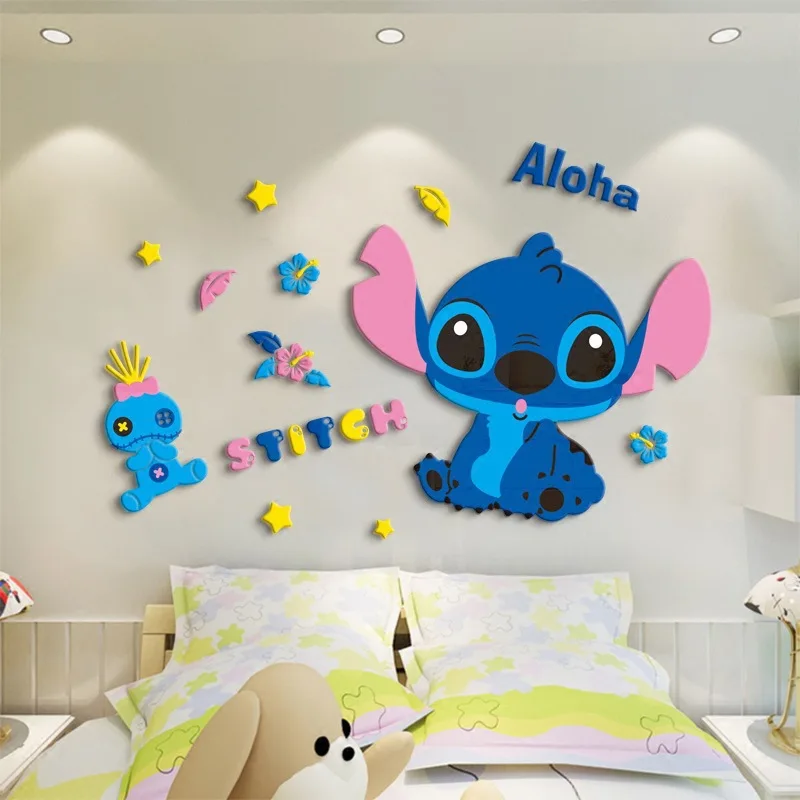 Disneys Stitch Wall Sticker DIY Self-assembly Cartoon Anime Kawaii Stitch 3D Acrylic Wall Stickers Kids Bedroom Wall Home Decor