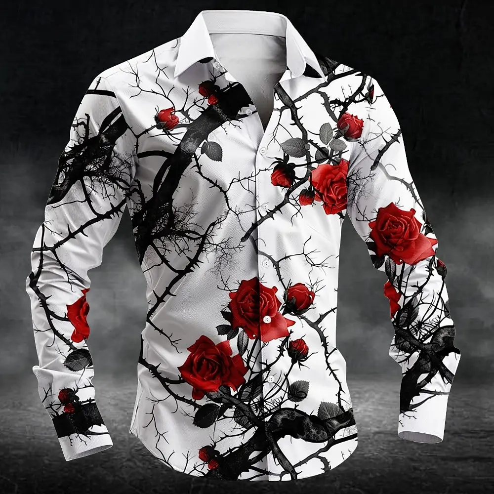 

Casual long sleeved men's high-end shirt top printed street party social fashion 2024 men's shirt with thorns rose