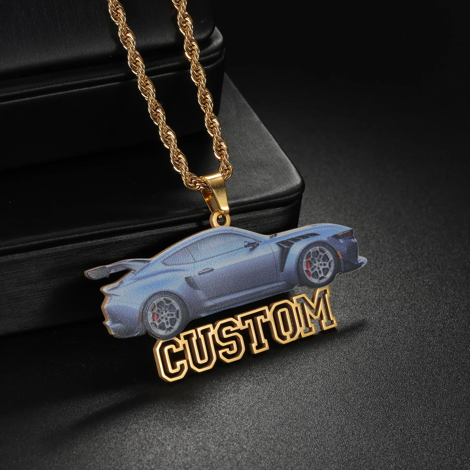 

Custom Color Picture Name Car Pendant Necklace Personalized Photo Twisted Rope Chain Stainless Steel for Women Man Jewelry Gift