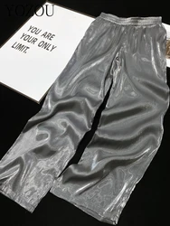 [YOZOU] Luxury Shiny Soft Satin Silk Gray Thin Elastic Waist Baggy Wide Leg Fluid Pants Women Trousers Comfort Bottoms Solid