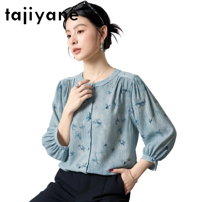 

TAJIYANE 100% Real Mulberry Silk Tops for Woman Elegant Blue O-Neck Shirts Spring Long Sleeves Blouse 2026 Women Clothes одежда