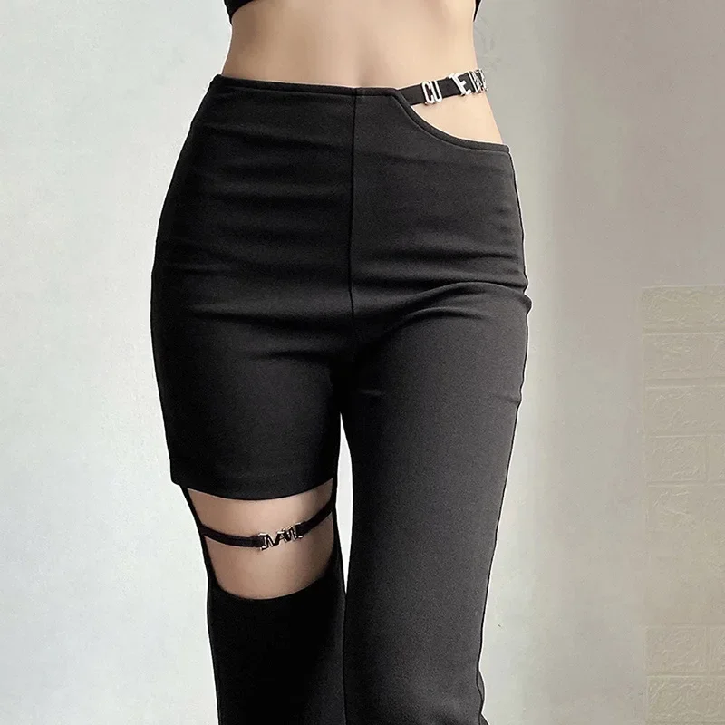 Women Cool and Spicy Girls' Pant Unique Design Hollow Out Casual Punk Style New Fashion High Rise Solid Color Sexy Elegant Style