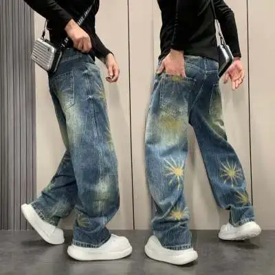 Men's Blue Y2k Boyfriend Jeans Harajuku Baggy Denim Trousers Japanese 2000s Style Vintage Jean Long Pants Oversize Clothes New