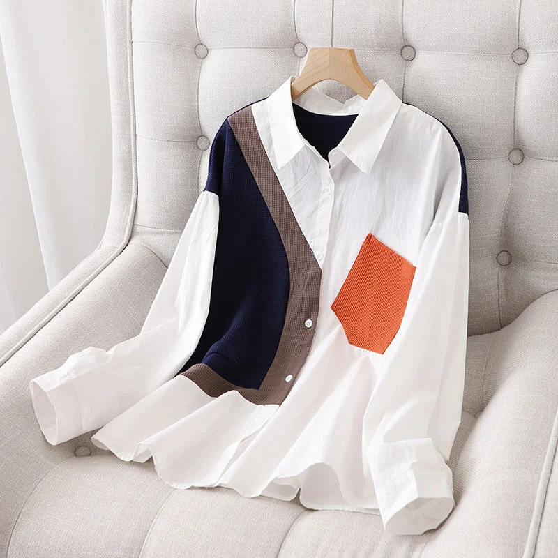 

Contrast Color patchwork Shirt Women's Spring Autumn 2024 New Korean Loose Casual Fashion Slim Long Sleeved Blouse Female Top