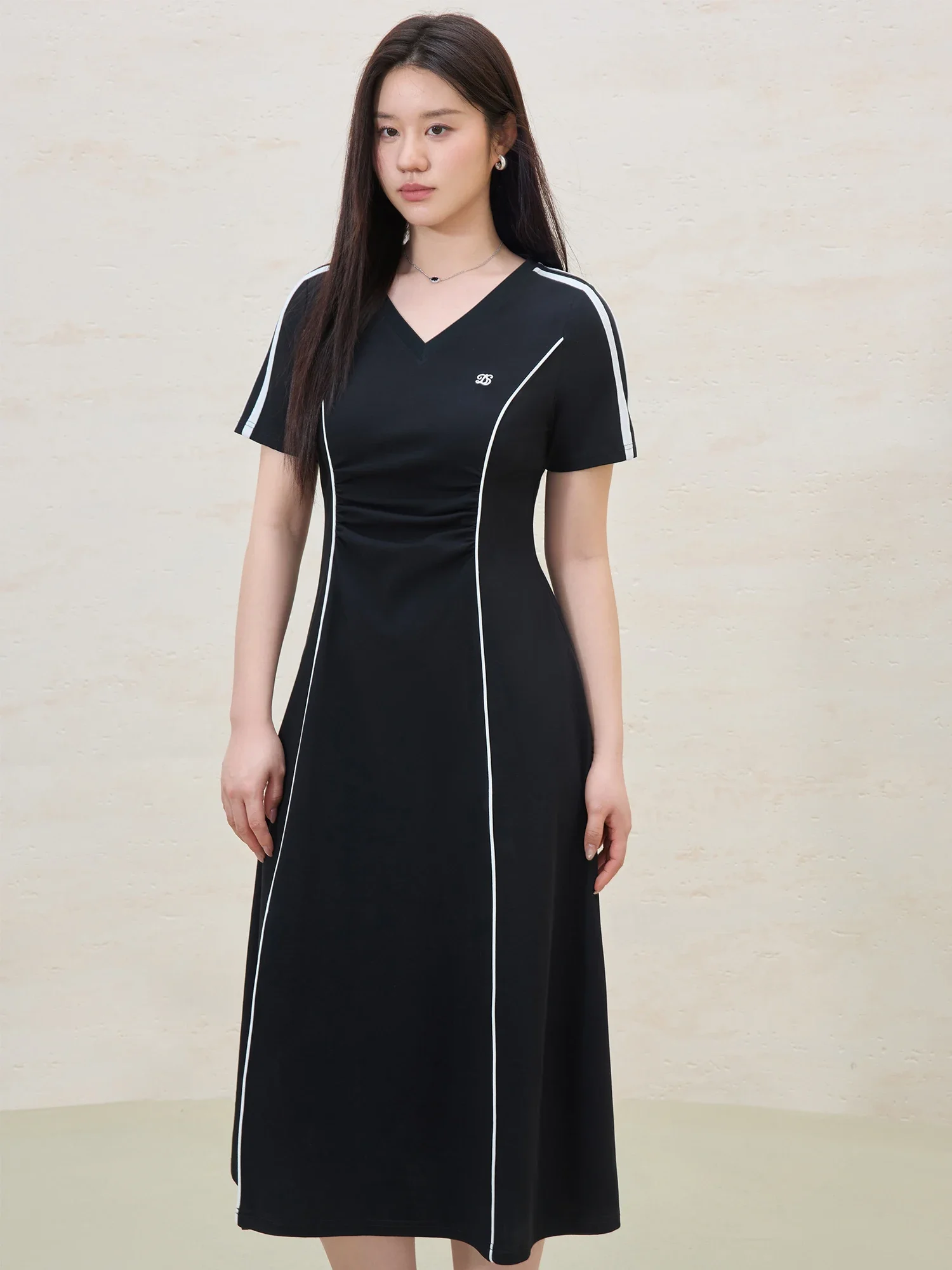 DUSHU Women Casual Summer Long Dress V-Neck Black T-Shirt Dress Contrast Color Webbing Design X-LINE Dress 25DS82147