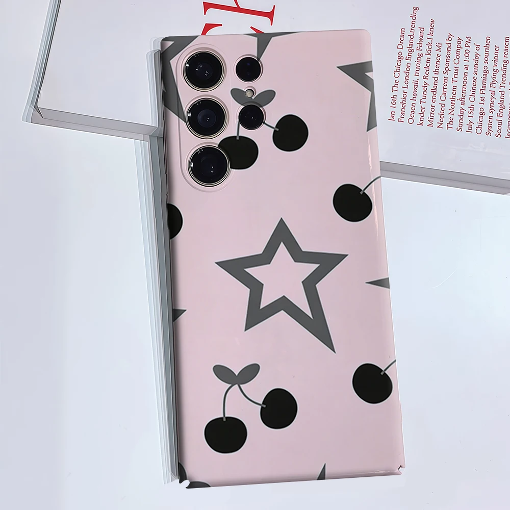 Gray Star Cherry Phone Case for Samsung Galaxy S26 S25 Ultra S24 S23 Ultra Plus Glossy Double-layer Back Cover