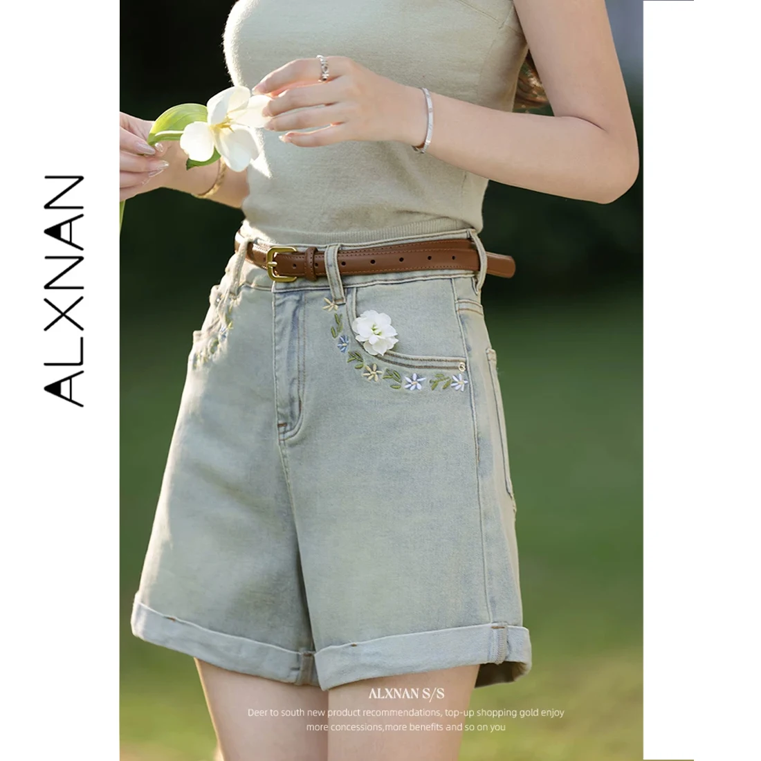 

ALXNAN Women's Shorts Light Blue Elegant Embroidered Wide-leg Denim Shorts New Summer Casual Loose-fit Short Pants Female L55988