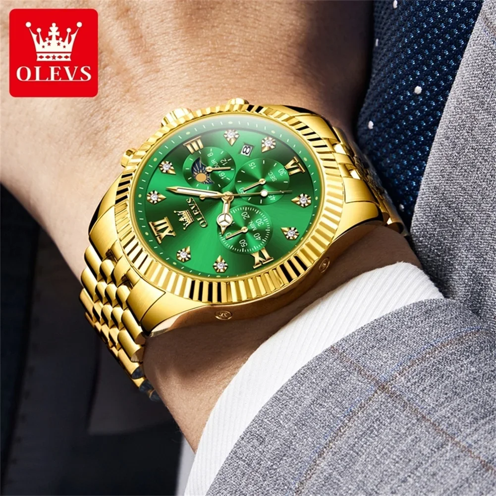 OLEVS New Original Men's Quartz Watches Luxury Golden Stainless Steel Watch for Men Moon Phase Waterproof Chronograph Wristwatch