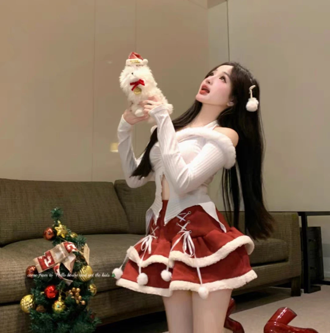 2024 Nieuwe Hot Girl Sexy Stijl High-end Niche One-schouder Halterneck Bont Top + taart Jurk voor Vrouwen Herfst en Winter Kerst Set