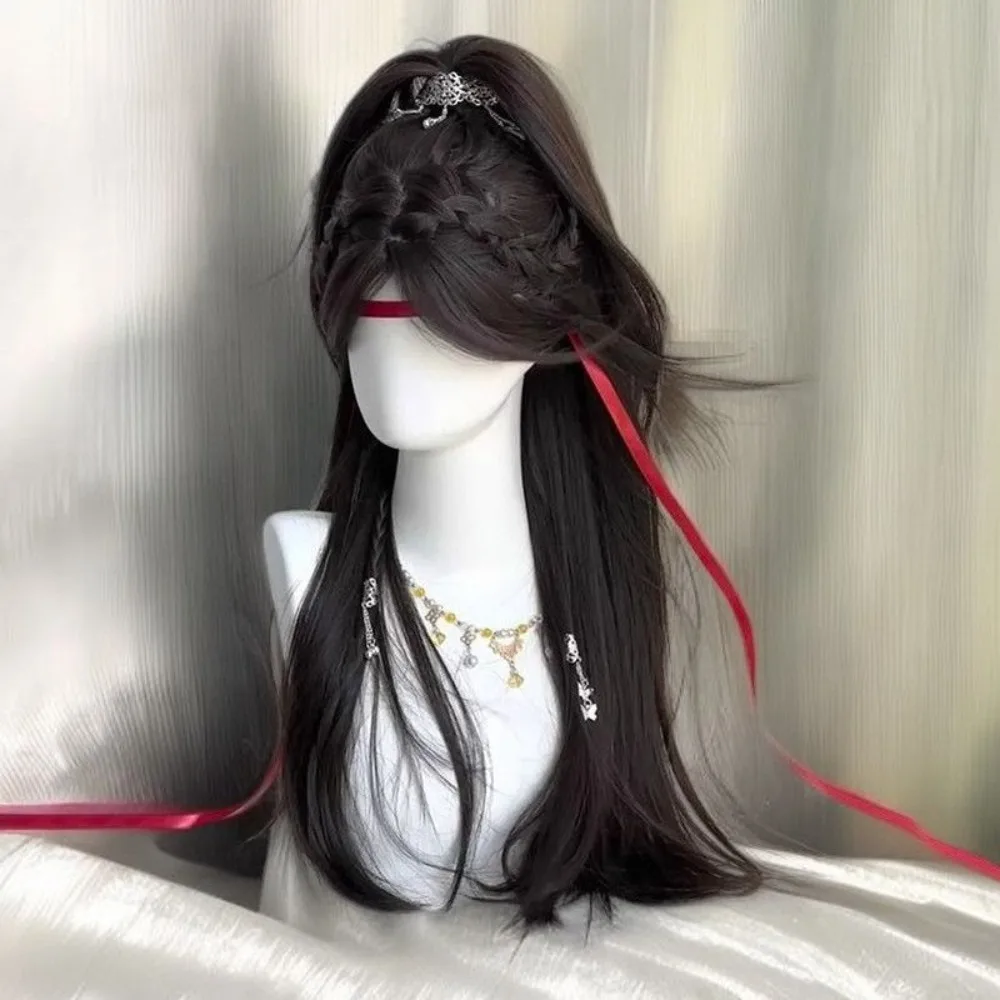 Chinese pruik - zwart steil haar met pony van middendeel, jeugdige hoge paardenstaartstijl, synthetisch haarstukje met volledige dop voor dames