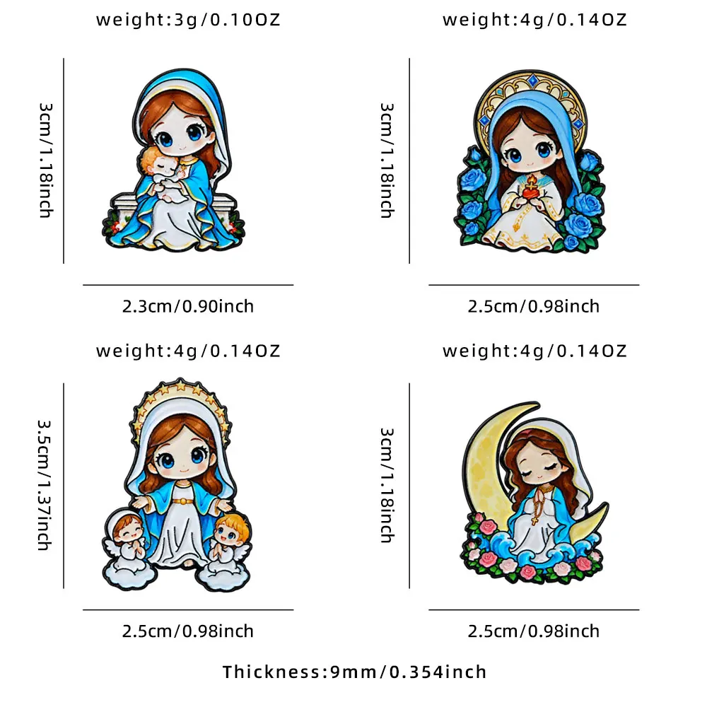 4Pcs Cute Chibi Virgin Mary Enamel Brooch Set Religious Catholic Kawaii Mother Mary Lapel Pins for Clothing Accessory