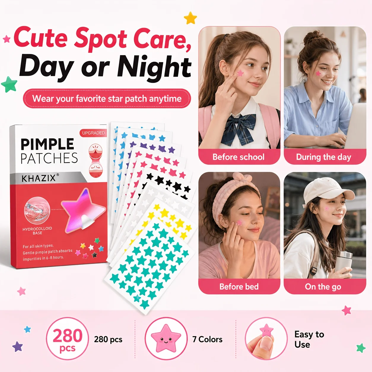 280pcs Star Pimple Patches, 7 Colors Hydrocolloid Acne Spot Stickers, Cute Waterproof Blemish Cover Patches for Face, Day & Nigh view 3